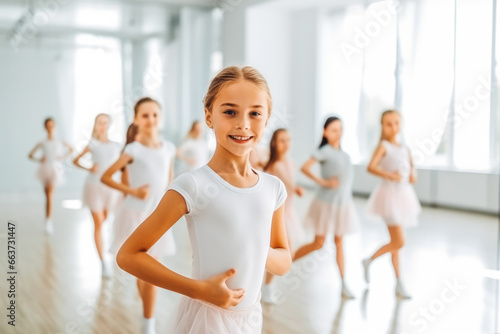 Group of little kids having a dance class. Group of adorable little girls in ballet dresses practicing ballet in a dance room.