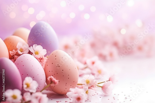 Happy easter. Celebratory easter background banner. Easter background with spring flowers and eggs. Celebrating easter holidays.
