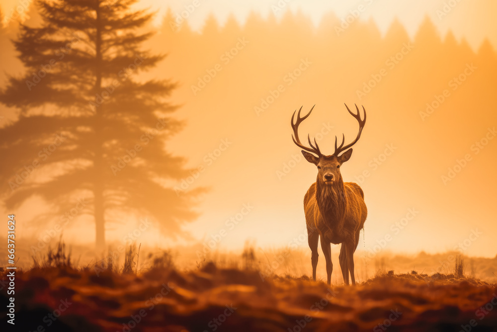 Fototapeta premium Red deer stag silhouette in the misty morning. Wildlife photography. Rare red beautiful stag in the forest.