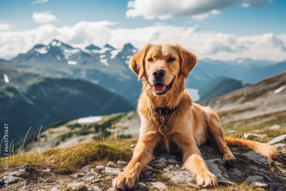 Fototapeta premium Rescue dog in the mountains. Portrait of a rescue dog standing on top of the mountains.