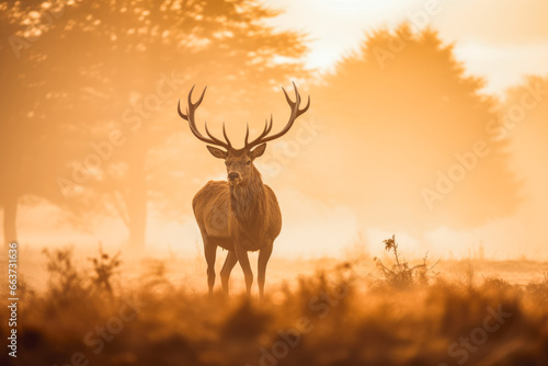 Red deer stag silhouette in the misty morning. Wildlife photography. Rare red beautiful stag in the forest. © VisualProduction