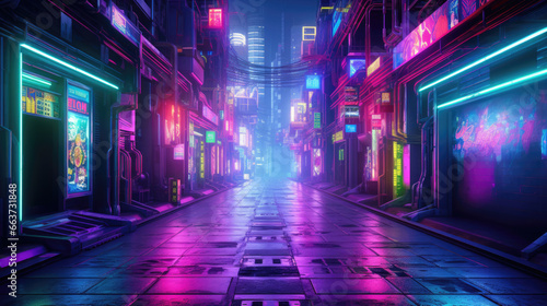 A neon-lit cyberpunk alleyway maze