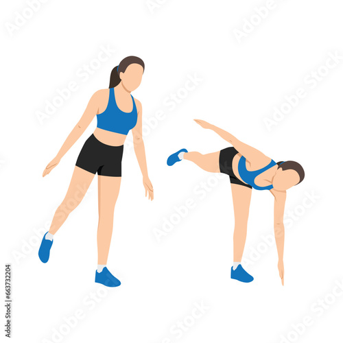 Woman doing exercise with body toe touches. Pivoting , hamstrings and erector spinae. Flat vector illustration isolated on white background photo