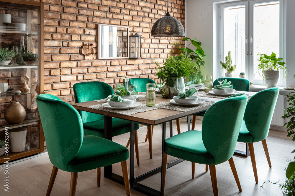 Obraz premium Modern cozy kitchen interior design with brick wall and green furniture