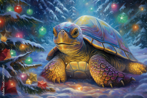 magical fantasy illustration of a turtle watching at christmas lights in the snow, winter scene photo