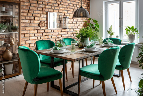Modern cozy kitchen interior design with brick wall and green furniture