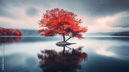 One tree with red leaves by a lake