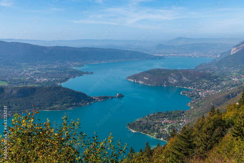 Panoramic view of Lake Annecy in autumn, Haute Savoie, France