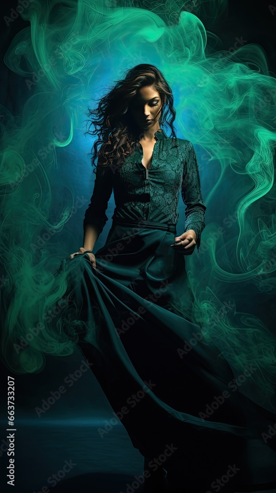 Fototapeta premium Model in a dramatic pose with swirling smoke patterns enhancing the mood.
