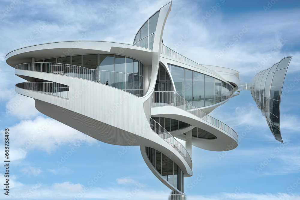 absurd building skyscraper in shark animal shape in the city, Organic modernist architecture illustration absurd building skyscraper in shark animal shape in the city, Organic modernist architecture illustration