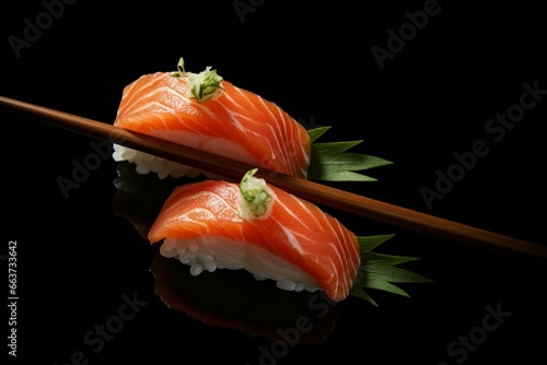 Fresh salmon sushi on chopsticks, against black background. Generative AI