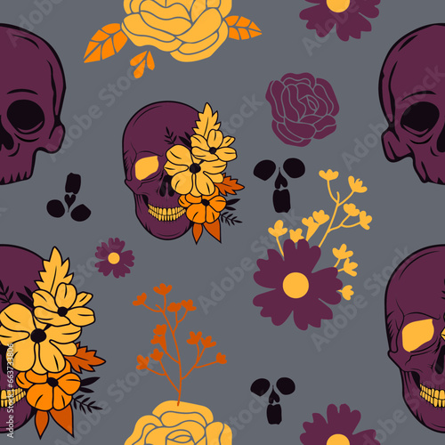 Halloween Floral Seamless Pattern, Skeleton, Ghost Floral Seamless Pattern, Background Illustration