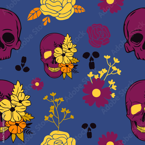 Halloween Floral Seamless Pattern, Skeleton, Ghost Floral Seamless Pattern, Background Illustration