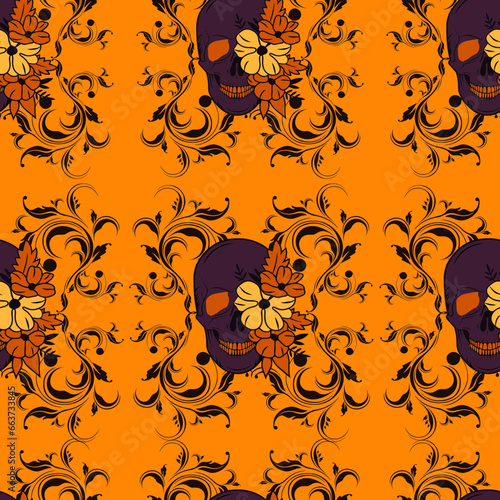 Halloween Floral Seamless Pattern, Skeleton, Ghost Floral Seamless Pattern, Background Illustration