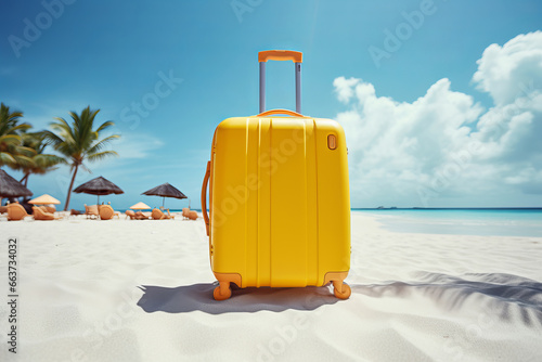 Traveler s paradise  Yellow suitcase on a beautiful beach with blue skies. Summer vacation joy is AI Generative.