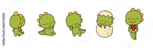 Set of Cartoon Isolated Dino. Set of Cute Kawaii Dinosaur in Funny Cartoon Style.