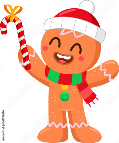 Cute Christmas Gingerbread Man Cartoon Character Holding Up A Candy Cane. Vector Illustration Flat Design Isolated On Transparent Background