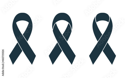 Black awareness ribbon icon set, Mourning and melanoma symbol