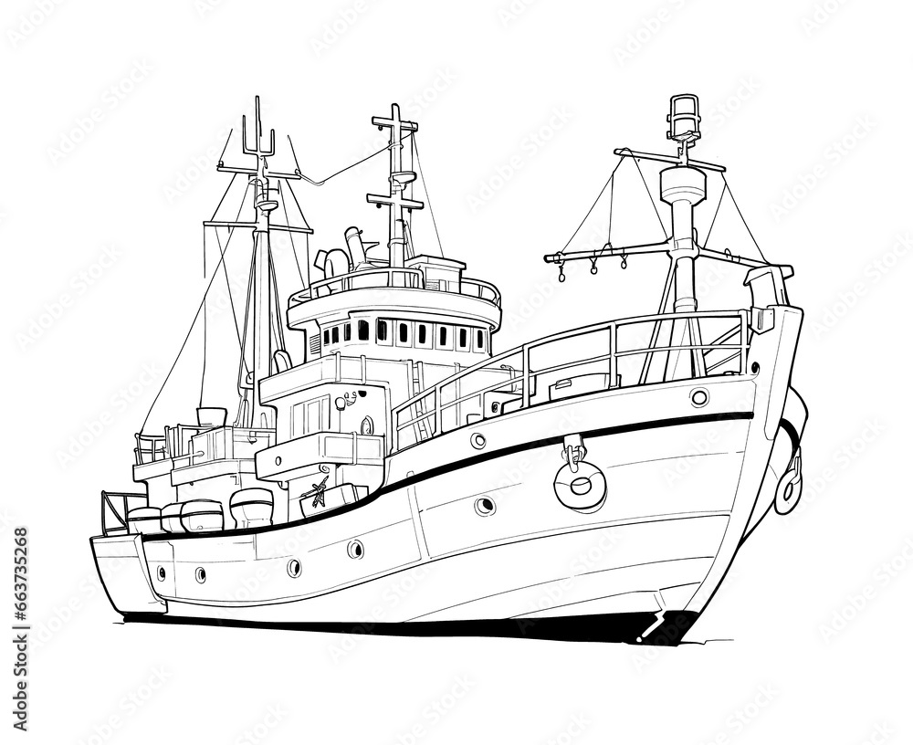 Coloring book for children, transport, ship close-up.