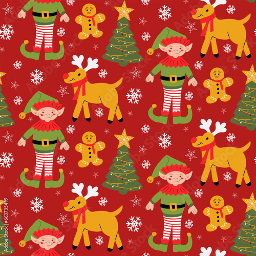 Christmas pattern with holiday Elf and reindeers with christmas tree  gingerbread man and snowflakes. Flat characters in cartoon childish style on red background. Good for decoration  wrapping