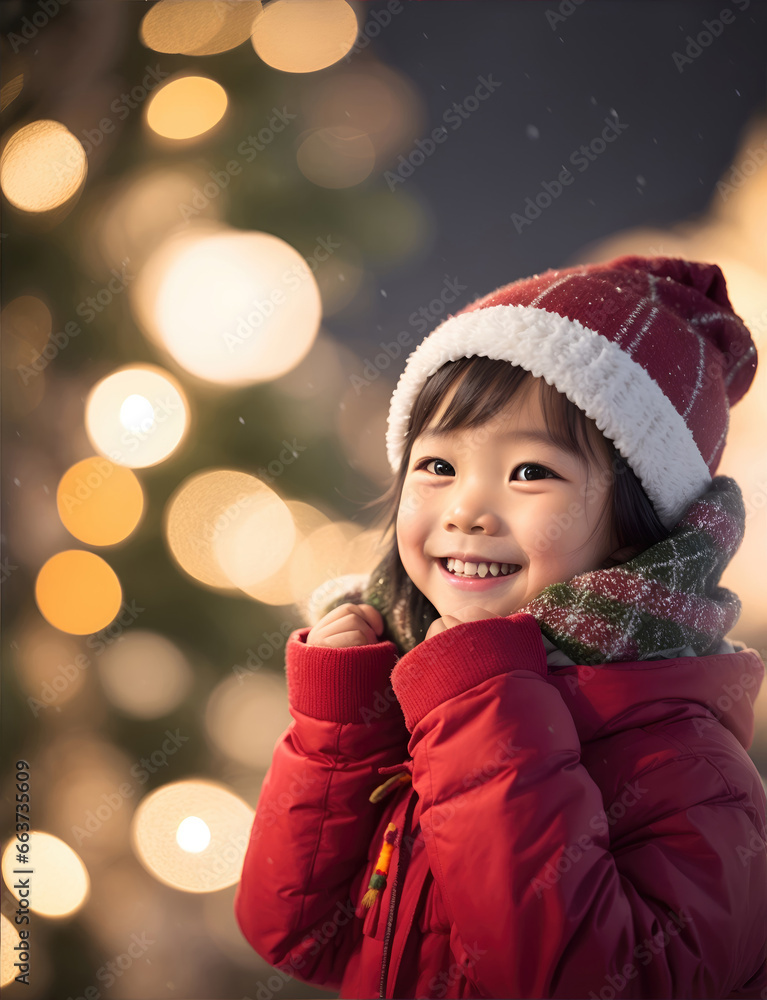 Cute kid in Santa Claus costume on blurred snowy Christmas eve background Cute kid in Santa Claus costume on blurred snowy Christmas eve background