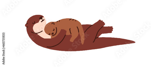 Cute otter mother and kid. Mom and child, wild forest animal family. Zoo mommy and little baby, funny adorable cub sleeping together. Flat vector illustration isolated on white background