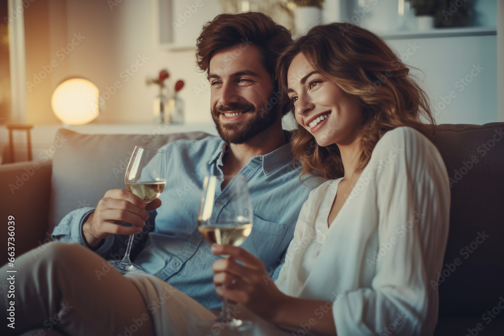 Happy couple man and woman sitting on sofa, laughing and drinking wine. Happy couple man and woman sitting on sofa, laughing and drinking wine.
