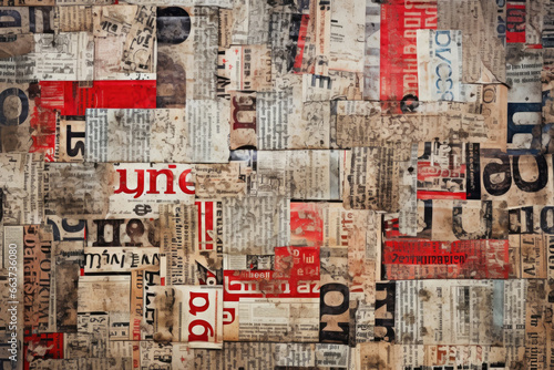 many different kinds of letters made of newspaper pieces, dark beige and red