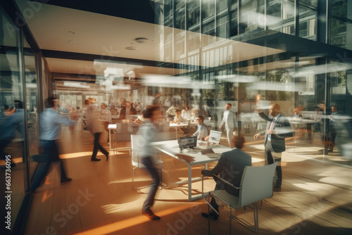 blurred colleagues working inside of modern office