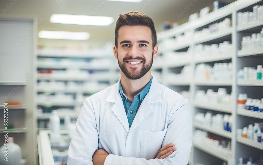 Obraz premium Handsome young male caucasian druggist pharmacist in white medical coat smiling and looking at camera in pharmacy drugstore