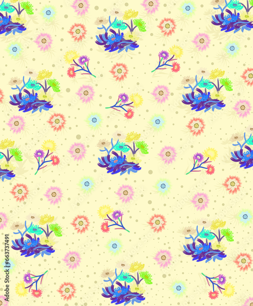 Abstract hand drawn flower art seamless pattern illustration. Acrylic paint nature floral background in vintage art style. Spring season painting print.