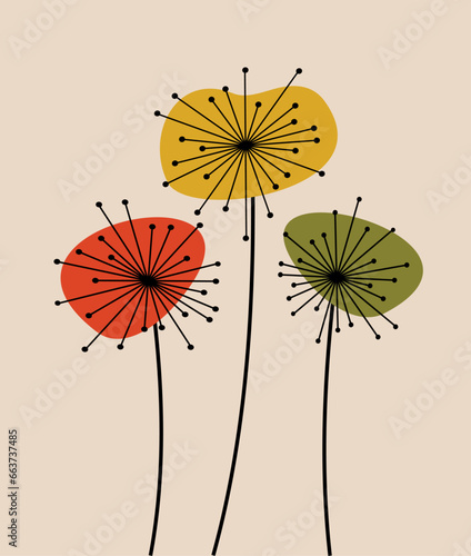 Three Abstract Dandelions Flower Art Vector Retro Style Print MCM Illustration Wall Decor Design Mid-Century Poster Atomic Starburst Printable Vintage Blowball Decoration Artwork Mid Century Modern