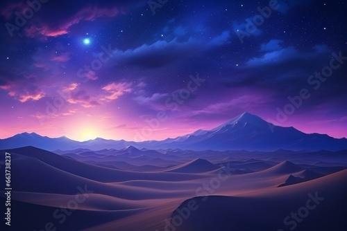 A beautiful evening landscape with sand dunes and a stunning magenta gradient starry sky. Generative AI © Adira