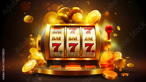 Casino slot machine with jackpot and golden coins