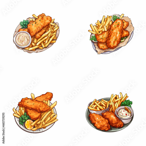 set of fish and chips watercolor illustrations for printing on baby clothes, pattern, sticker, postcards, print, fabric, and books
