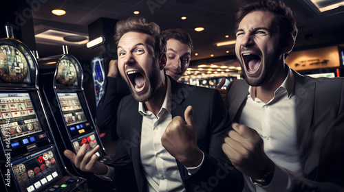Men rejoicing their win on a slot machine at the casino photo