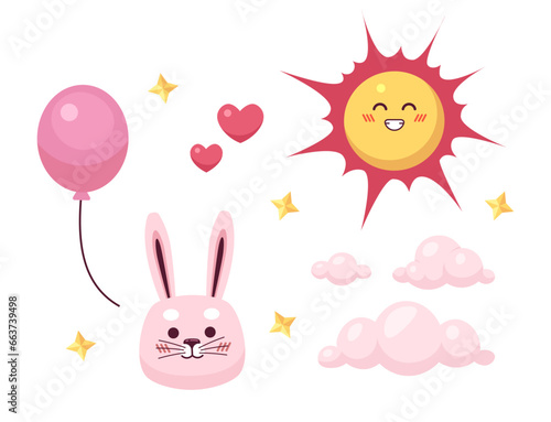 Girlish childish decorations 2D illustration concept. Infant baby girl card isolated cartoon scene, white background. Sun smiling, dreamy clouds, cute baby bunny metaphor abstract flat vector graphic