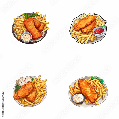 set of fish and chips watercolor illustrations for printing on baby clothes, pattern, sticker, postcards, print, fabric, and books