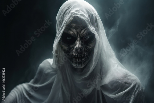 A woman with ghostly white hair and veil, an apparition of beauty and mystery. Eerie and supernatural, captured by AI Generative art.