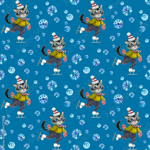 Seamless pattern of Hand-drawn kitten skating in a hat and mittens under the snow in winter. Illustration for children's wallpaper, fabric, pajamas, sweaters. On a blue green background.
