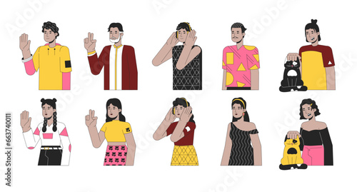Hispanic latin americans 2D linear cartoon characters set. Young adult latino latina isolated line vector people white background. Mexican brunette female, male color flat spot illustration bundle