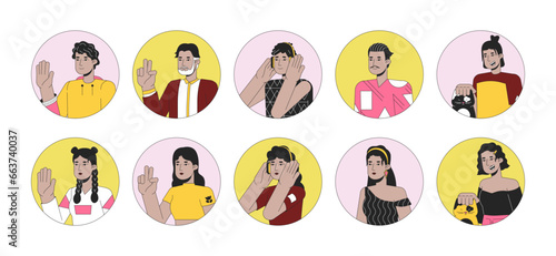 Hispanic latin americans 2D linear vector avatars illustration set. Adult latino latina women, men outline cartoon character faces collection. Mexican people flat color user profile images isolated