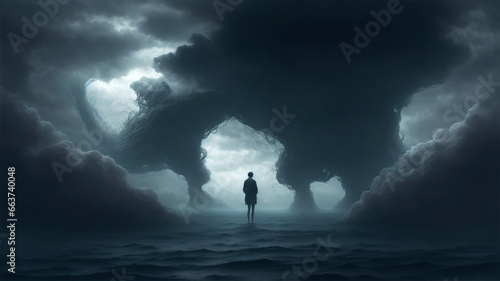 A surreal and dreamlike scene, with a person floating in a sea of dark clouds