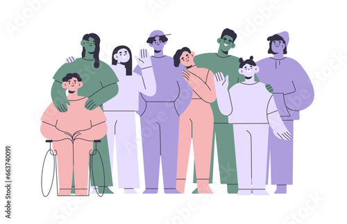 Diverse people group portrait. Happy abstract characters. Inclusive society, social community, diversity concept. Men, women standing together. Flat vector illustration isolated on white background