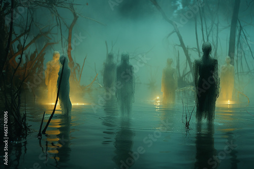 Spiritual inhabitants, ghosts in moody setting standing in water, Halloween themes