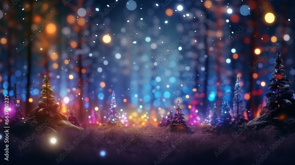 Magical forest with Christmas trees and glowing lights abstract background with gold and colored particles. Christmas light shine particles bokeh. Holiday concept.