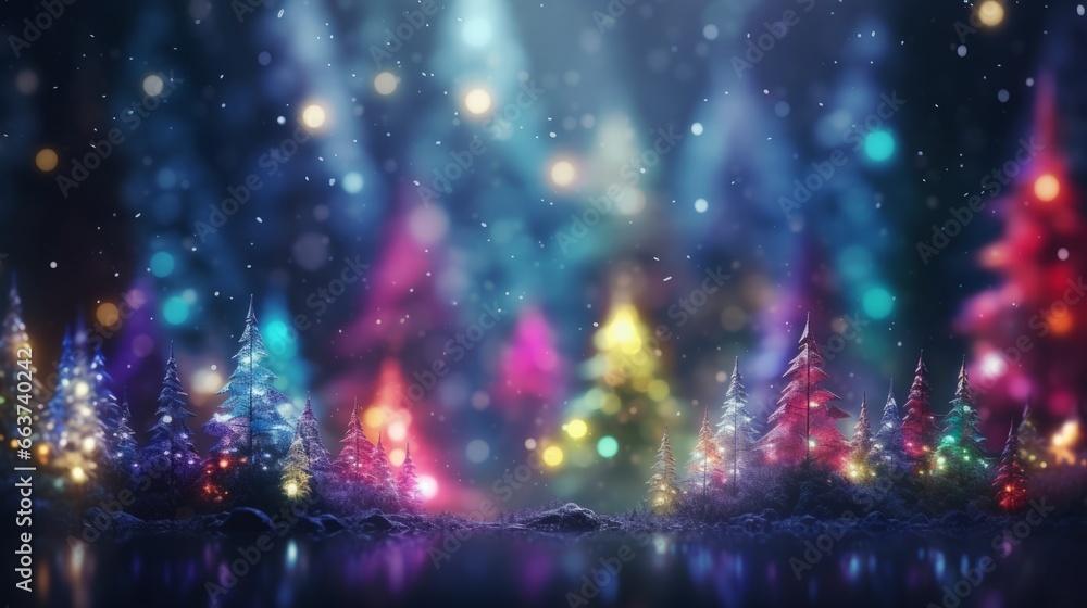 Naklejka premium Magical forest with Christmas trees and glowing lights abstract background with gold and colored particles. Christmas light shine particles bokeh. Holiday concept.