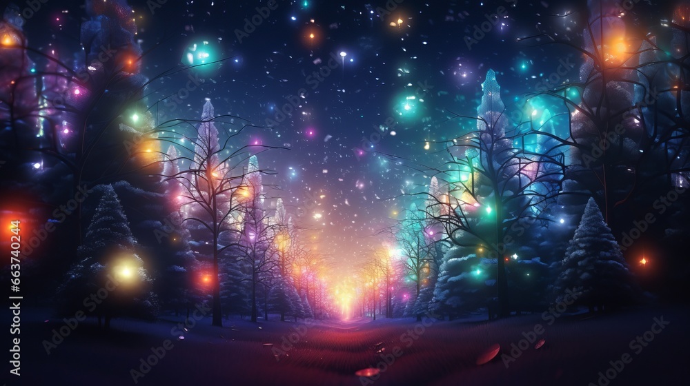 Magical forest with Christmas trees and glowing lights abstract background with gold and colored particles. Christmas light shine particles bokeh. Holiday concept.