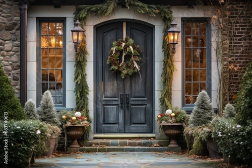 A festive house entrance with a decorated wreath, plants, and a wooden door. Generative AI