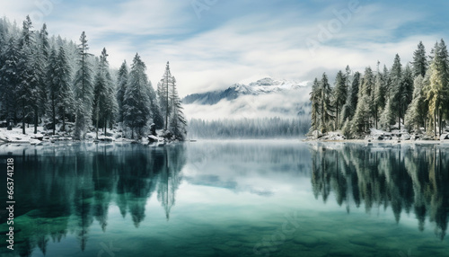 reflation of pine trees in lake eibsee in winter